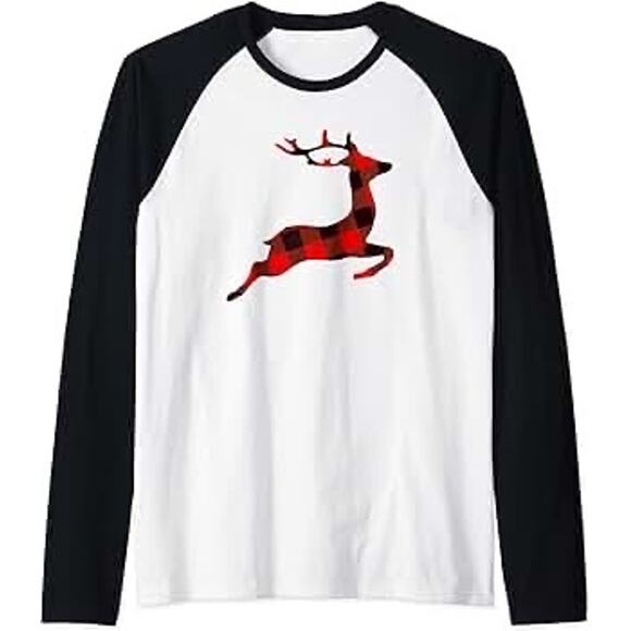 NWT Lascana Red & Black Buffalo Plaid Reindeer Family Funny Raglan Tee - Picture 2 of 4